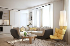 open plan layout of living room with swivel chair in the corner and yellow padded backrest appealing swivel chairs for living room