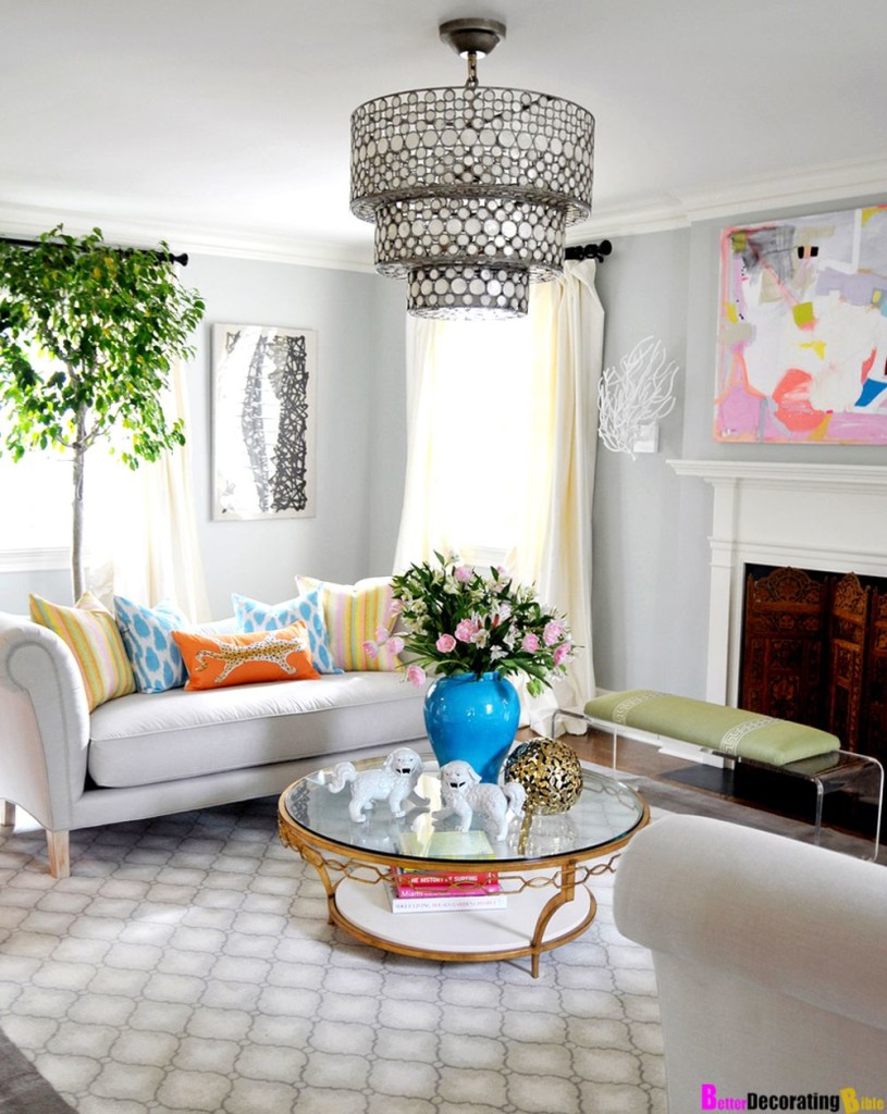 Spring Decoration Living Room with White Sofa and Coffee Table also Wall Decor plus Window Treatment