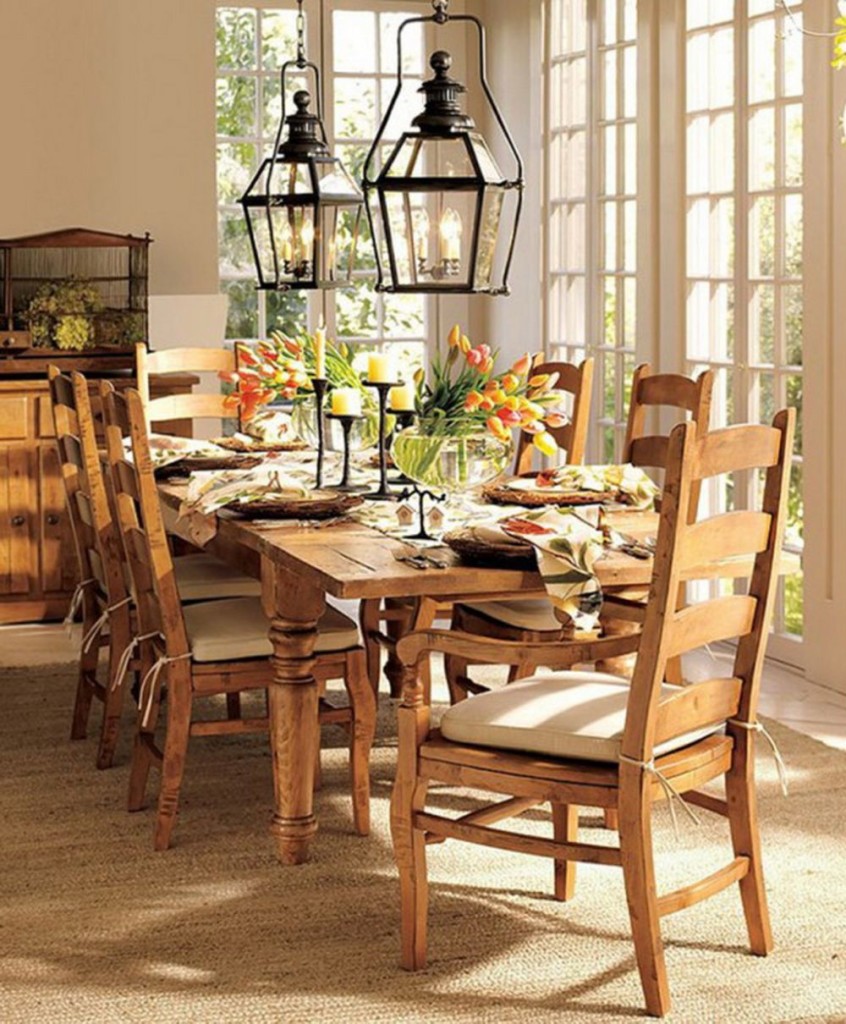 Spring Dining Room Decoration with Rustic Black Candlesticks and Custom Extensive Brown Wooden Table