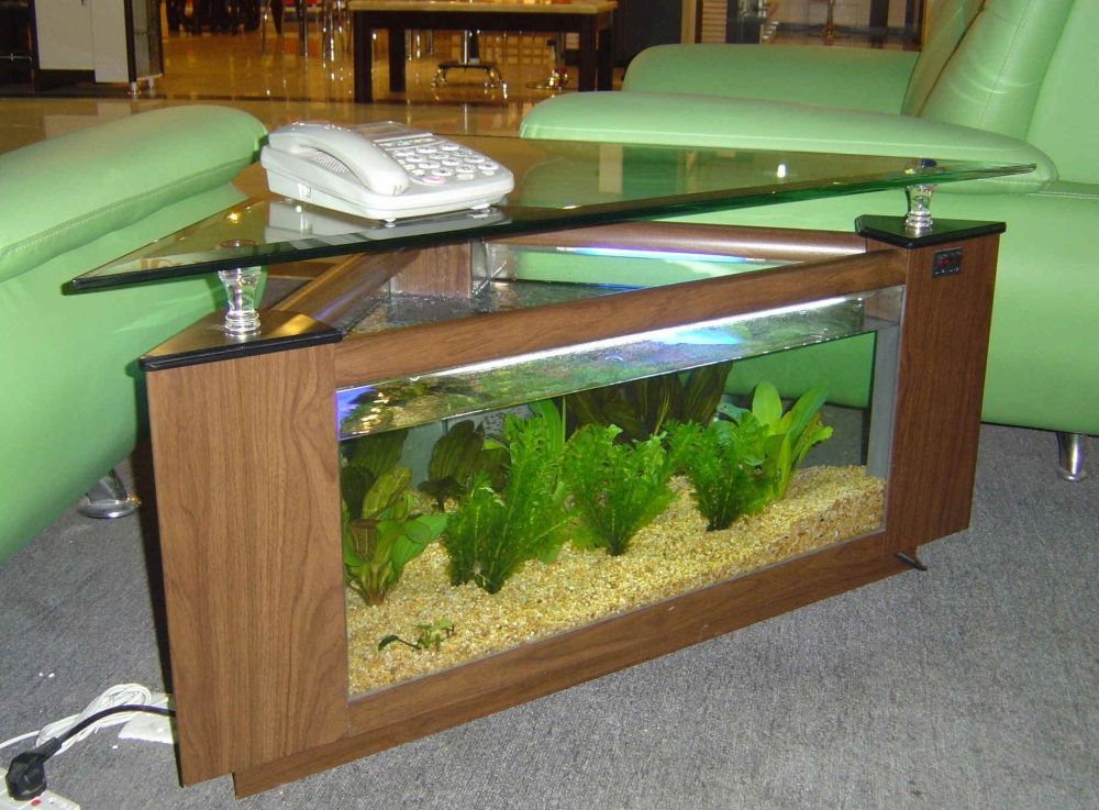 aquascape triangle end table with brown wooden frame and base is filled with fish tank plus glass top decorating living room with triangle end table that exciting for all