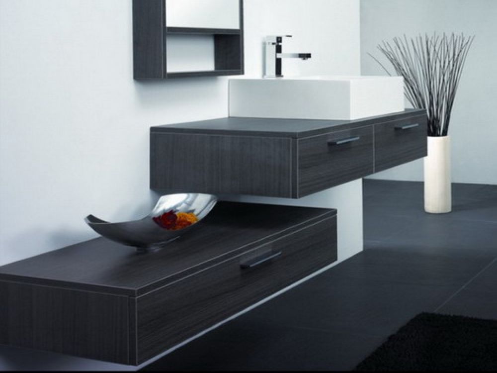 contemporary bathroom design with black wooden wall mounted vanity and white sink wall mounted bathroom sink for better bathroom design