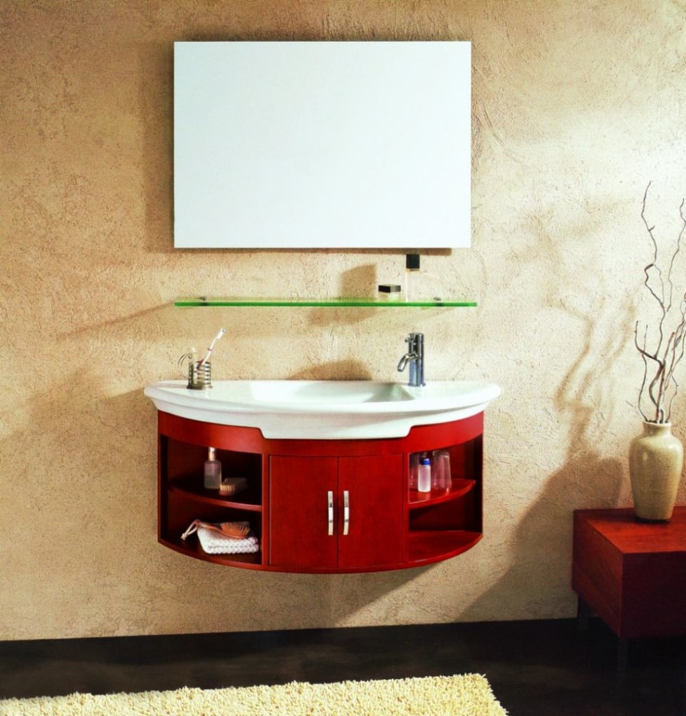Curved Wall Mount Bathroom Vanity with Storage and White Sink