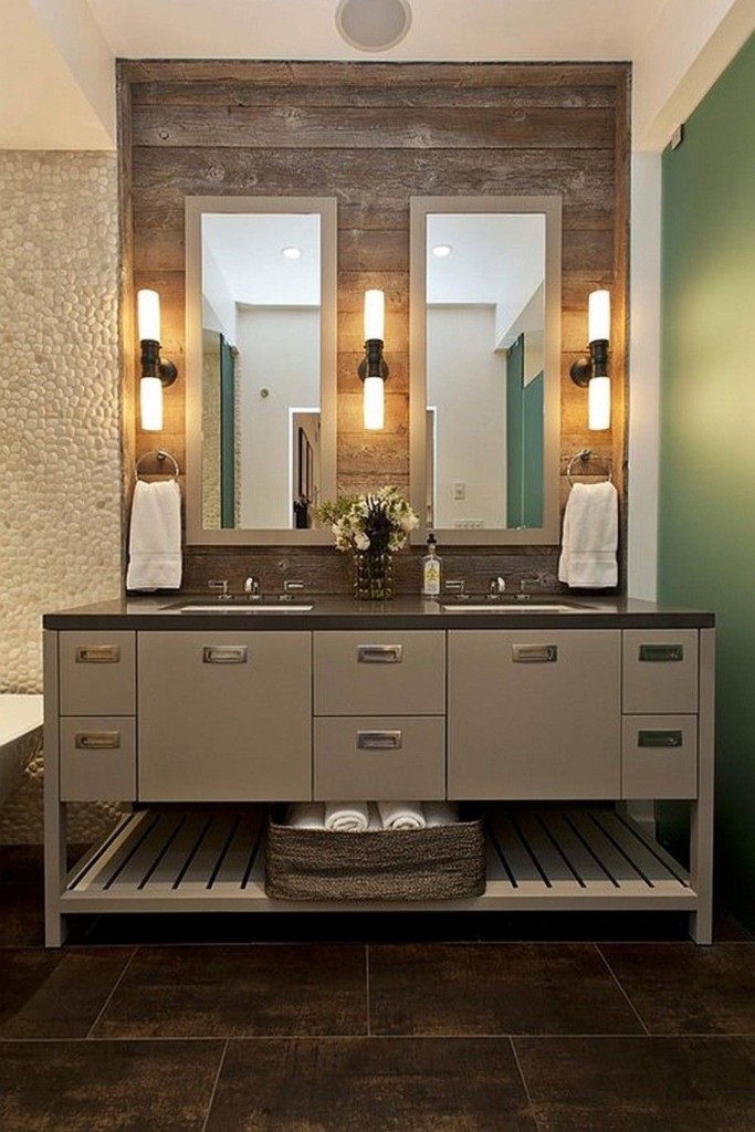 Unique Bathroom Design with Extraordinary Lightings and Wooden Vanity Plus Two Mirrors