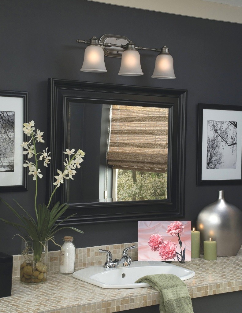 Black Bathroom Design with Lighting Tracks Above The Wall Mirror