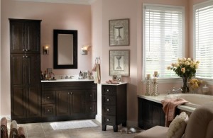 linen tower design stacked with the main bathroom vanity in neutral black tone bathroom linen tower – space saver storage idea