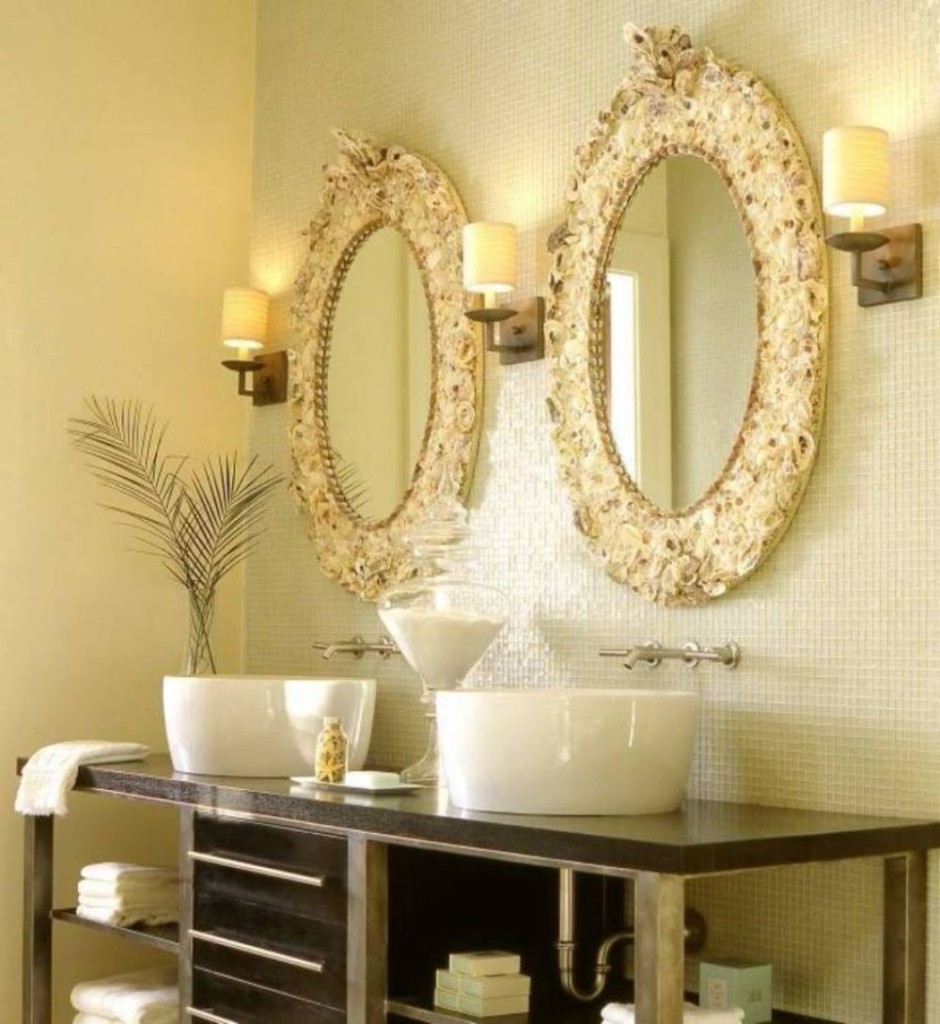Luxurious Bathroom with Golden Tone plus Lavish Oval Mirror Design