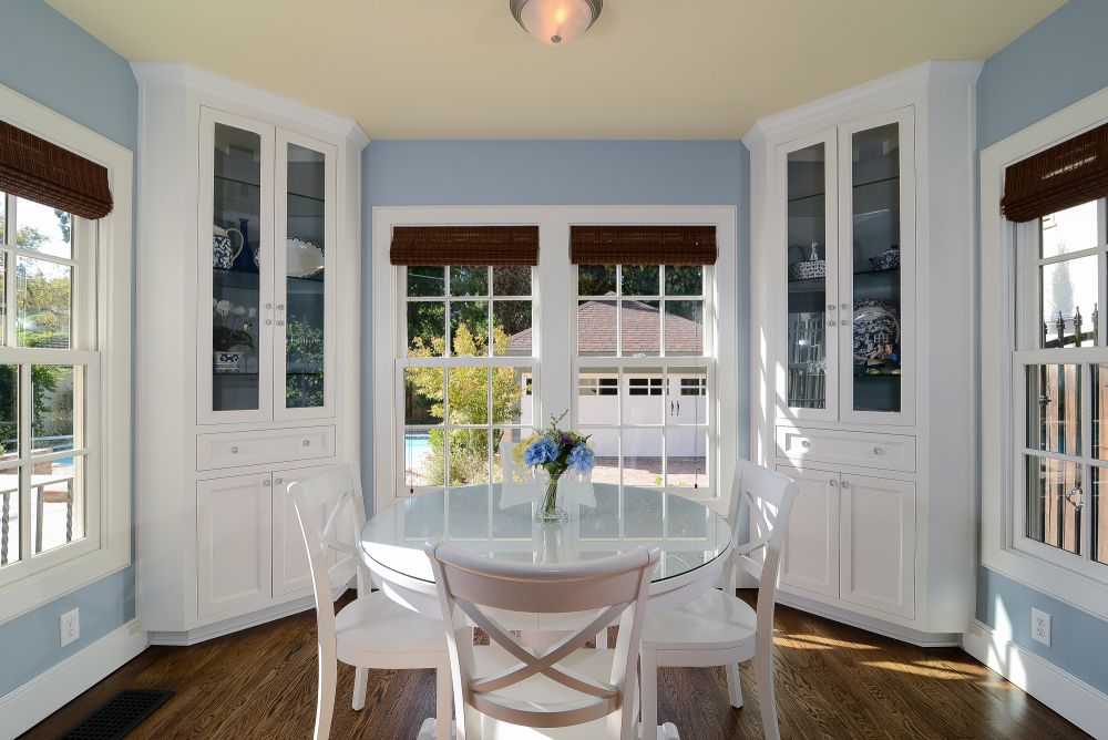 astounding window on the light blue wall for the fresh dining area. chic window jamb designs giving the perfect atmosphere