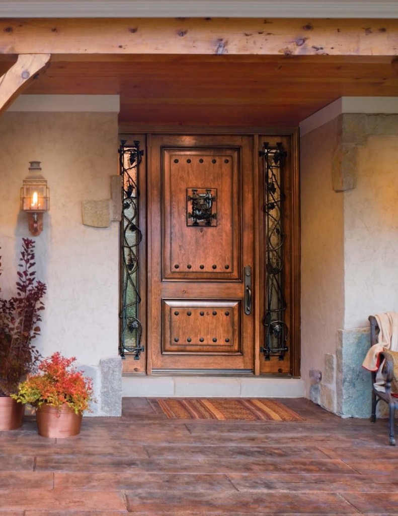 Contemporary Earthy Tone House with Rustic Brown Solid Wood Door plus Double Sidelights