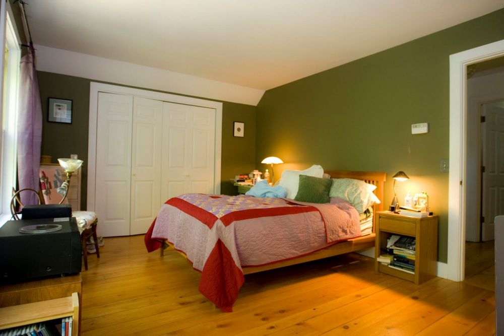 neutral small bedroom design with cherry wood planks and green tone wall impressive wall colors for bedrooms