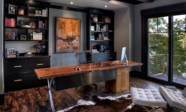 Black Shelves and Cabinets Home Office with Live Edge Table