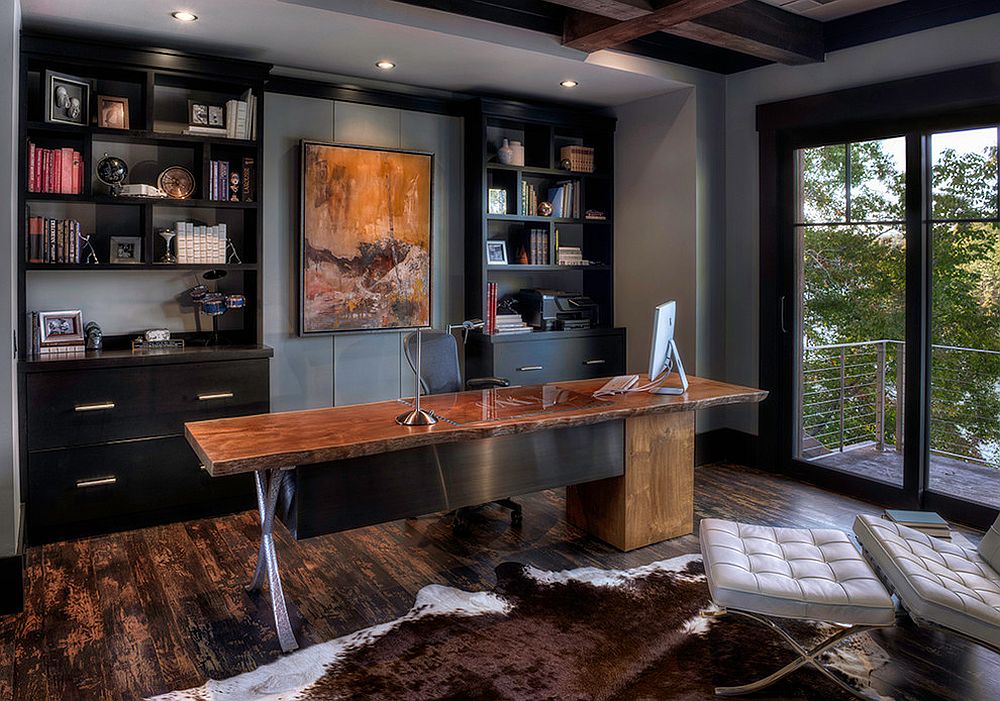 black shelves and cabinets home office with live edge table natural enchantment - celebrating the charm of live-edge decoration with 25 home offices