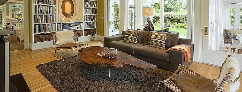 living room with bookshelf and live edge coffee table