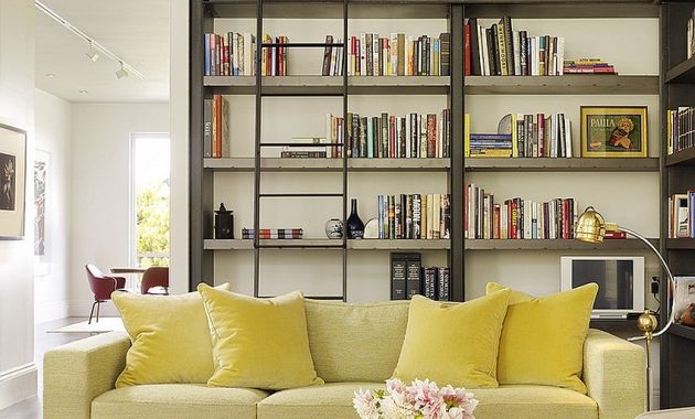 Mellow Yellow Sofa with Cool Livingroom and Library Design