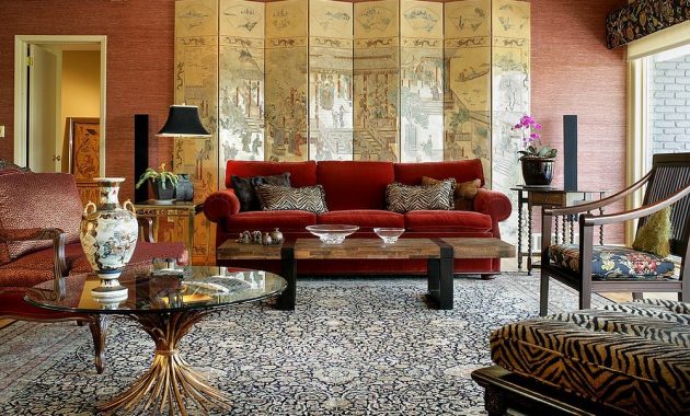 Red Ralph Laurent Sofa with Modern Asian Living Rooms