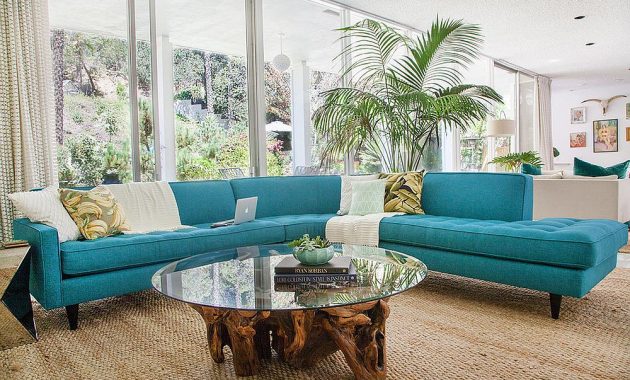 Turquioise Couch Design for Midcentury Family Room