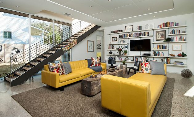 Yellow Couch and Lounger for Midcentury Living Room