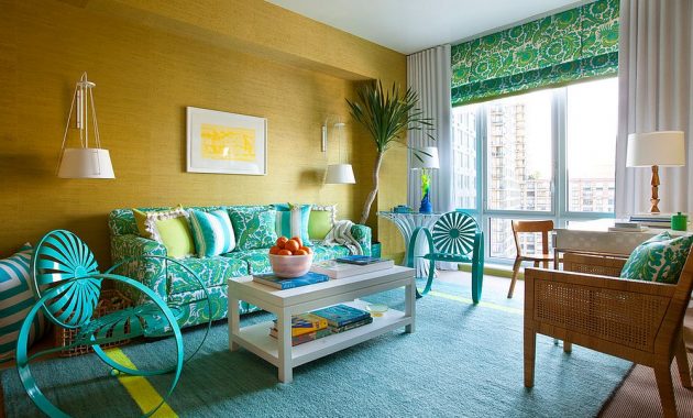 Yelow and Turquoise Couch for Beach Style Living Room